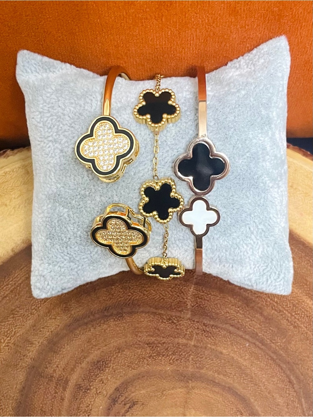 Black And Gold Clover Bracelet Bangle Stack 3 Pc Bundle Gold Filled Plated NWOT